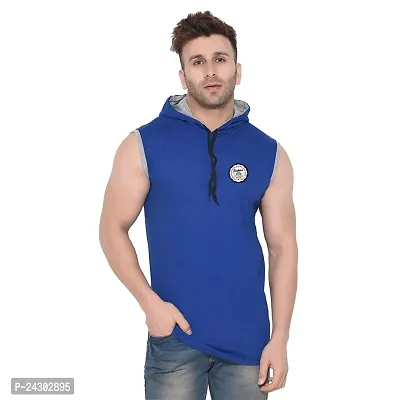 Stylish Blue Cotton Blend Solid Sleeveless Hoodies For Men