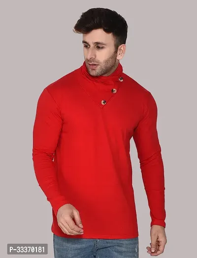 Reliable Red Cotton Blend Solid High Neck Tshirt For Men-thumb0