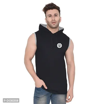 Stylish Black Cotton Blend Solid Sleeveless Hoodies For Men-thumb0