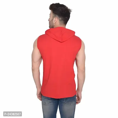 Stylish Red Cotton Blend Solid Sleeveless Hoodies For Men-thumb2