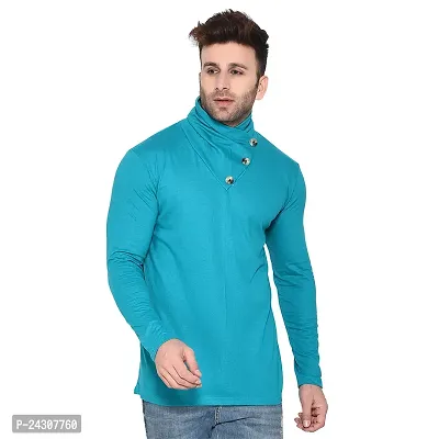 Stylish Turquoise Cotton Blend Long Sleeves Solid T-Shirt For Men