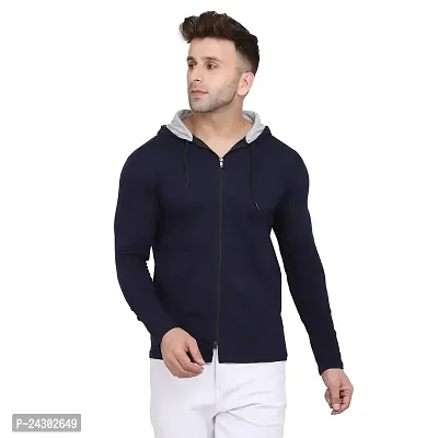 Stylish Navy Blue Cotton Blend Solid Long Sleeves Hoodies For Men