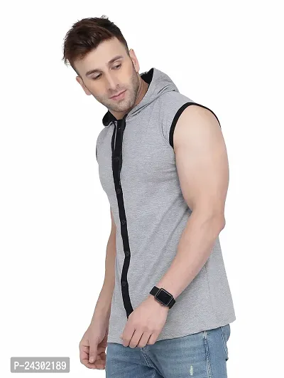 Stylish Silver Cotton Blend Solid Sleeveless Hoodies For Men-thumb3