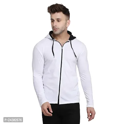 Stylish White Cotton Blend Solid Long Sleeves Hoodies For Men
