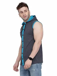 Stylish Grey Cotton Blend Solid Sleeveless Hoodies For Men-thumb2