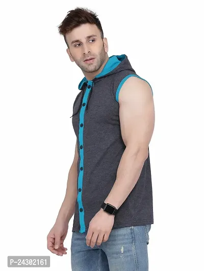 Stylish Grey Cotton Blend Solid Sleeveless Hoodies For Men-thumb3