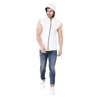 Stylish White Cotton Blend Solid Sleeveless Hoodies For Men-thumb3