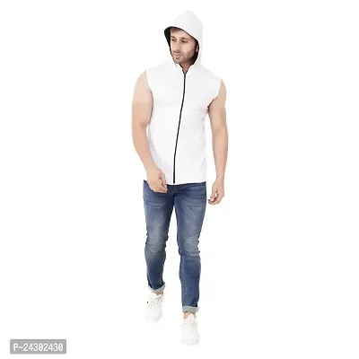 Stylish White Cotton Blend Solid Sleeveless Hoodies For Men-thumb4