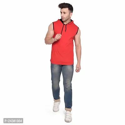 Stylish Red Cotton Blend Solid Sleeveless Hoodies For Men-thumb5