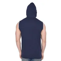 Stylish Navy Blue Cotton Blend Solid Sleeveless Hoodies For Men-thumb1