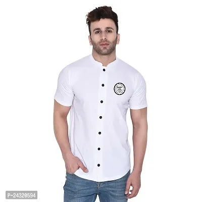 Stylish White Cotton Blend Short Sleeves Regular Fit Casual Shirt For Men-thumb0