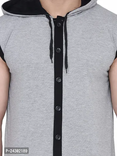 Stylish Silver Cotton Blend Solid Sleeveless Hoodies For Men-thumb5