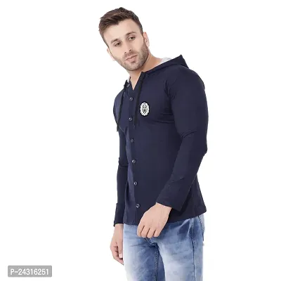 Trendy Navy Blue Cotton Blend Solid Hoodies For Men-thumb3