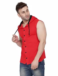 Stylish Red Cotton Blend Solid Sleeveless Hoodies For Men-thumb2