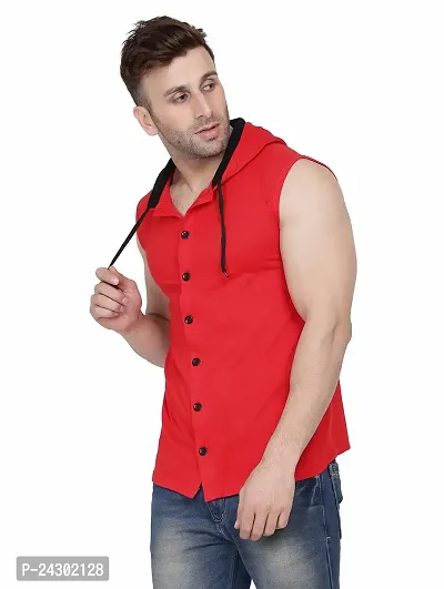 Stylish Red Cotton Blend Solid Sleeveless Hoodies For Men-thumb3