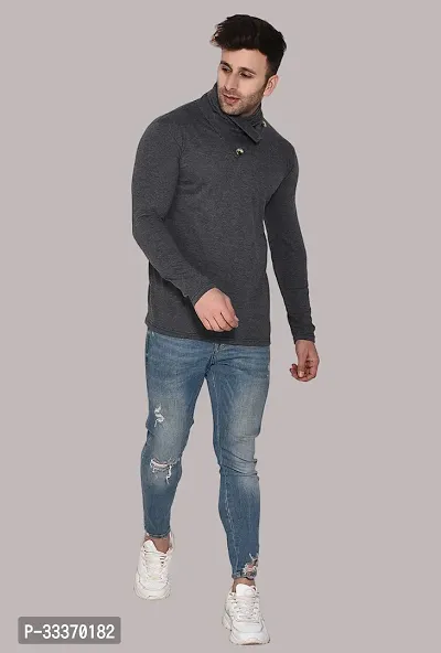 Reliable Grey Cotton Blend Solid High Neck Tshirt For Men-thumb5