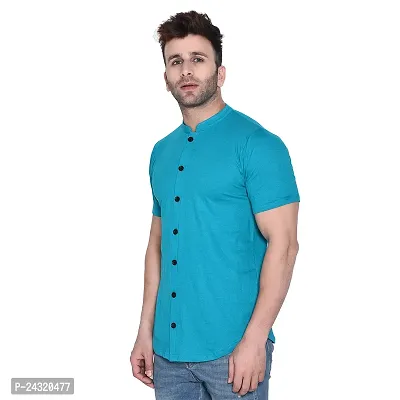 Stylish Turquoise Cotton Blend Short Sleeves Regular Fit Casual Shirt For Men-thumb3