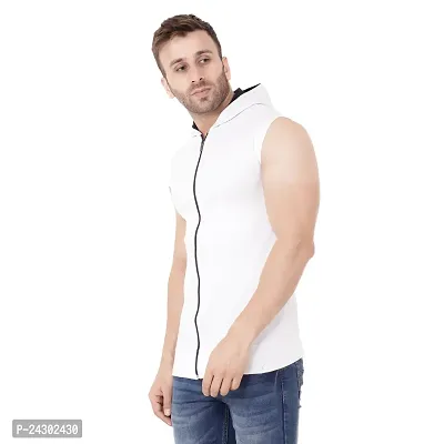 Stylish White Cotton Blend Solid Sleeveless Hoodies For Men-thumb3