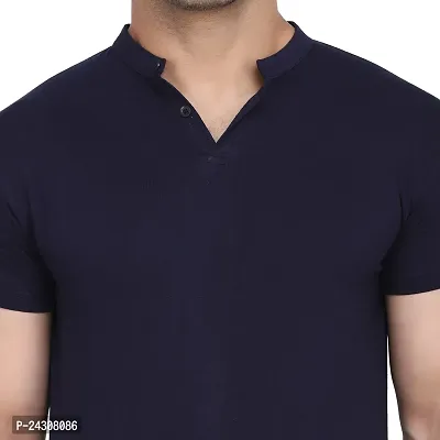 Stylish Navy Blue Cotton Blend Short Sleeves Solid T-Shirt For Men-thumb5