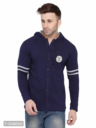 Stylish Navy Blue Cotton Blend Solid Long Sleeves Hoodies For Men-thumb0