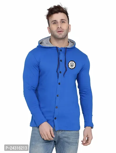 Trendy Blue Cotton Blend Solid Hoodies For Men