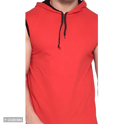 Stylish Red Cotton Blend Solid Sleeveless Hoodies For Men-thumb4