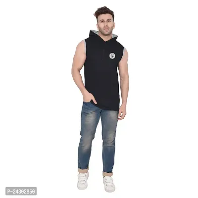 Stylish Black Cotton Blend Solid Sleeveless Hoodies For Men-thumb4