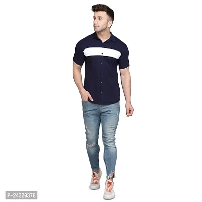 Stylish Navy Blue Cotton Blend Short Sleeves Regular Fit Casual Shirt For Men-thumb4
