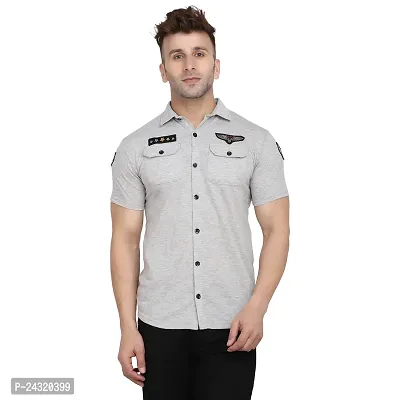 Stylish Silver Cotton Blend Short Sleeves Regular Fit Casual Shirt For Men-thumb0