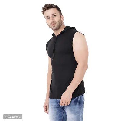 Stylish Black Cotton Blend Solid Sleeveless Hoodies For Men-thumb0