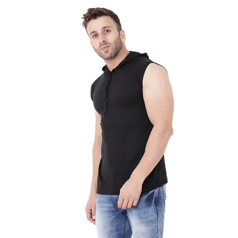 Stylish Cotton Blend Solid Sleeveless Hoodies For Men