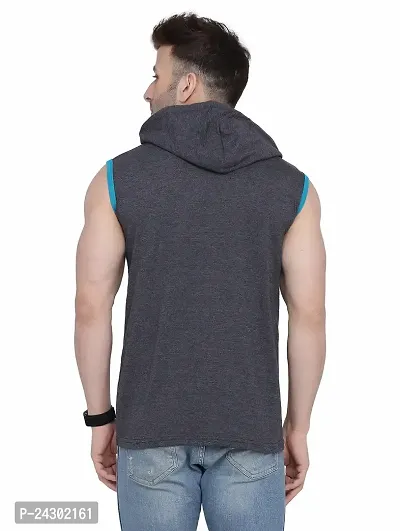 Stylish Grey Cotton Blend Solid Sleeveless Hoodies For Men-thumb2