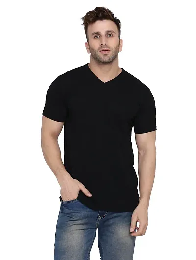 Pooplu Men's Regular Fit Plain V Neck Half Slevees 100% Cotton Multicolour Pootlu T-Shirt