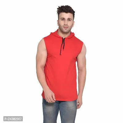 Stylish Red Cotton Blend Solid Sleeveless Hoodies For Men-thumb0