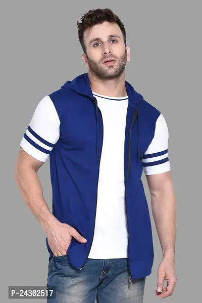 Stylish Blue Cotton Blend Solid Short Sleeves Hoodies For Men