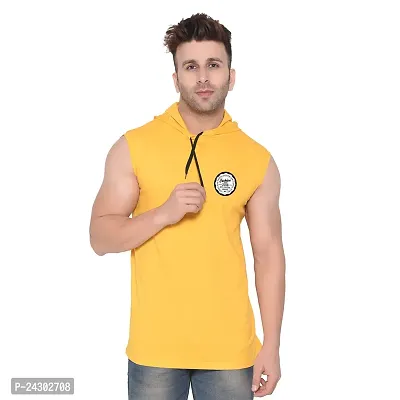 Stylish Yellow Cotton Blend Solid Sleeveless Hoodies For Men