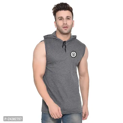 Stylish Grey Cotton Blend Solid Sleeveless Hoodies For Men