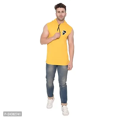 Stylish Yellow Cotton Blend Solid Sleeveless Hoodies For Men-thumb4