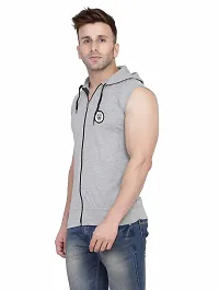 Stylish Silver Cotton Blend Solid Sleeveless Hoodies For Men-thumb2