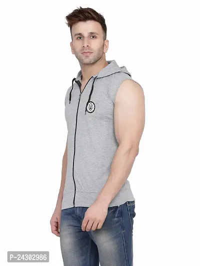 Stylish Silver Cotton Blend Solid Sleeveless Hoodies For Men-thumb3