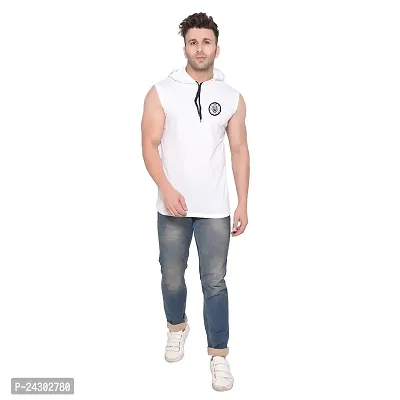 Stylish White Cotton Blend Solid Sleeveless Hoodies For Men-thumb4