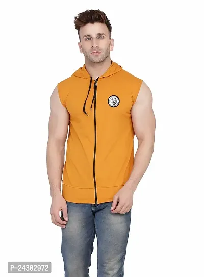 Stylish Golden Cotton Blend Solid Sleeveless Hoodies For Men-thumb0