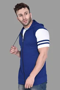 Stylish Blue Cotton Blend Solid Short Sleeves Hoodies For Men-thumb2