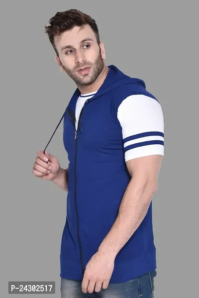 Stylish Blue Cotton Blend Solid Short Sleeves Hoodies For Men-thumb3