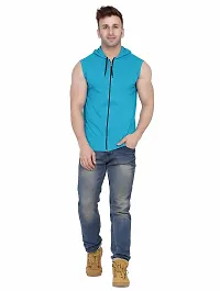 Stylish Turquoise Cotton Blend Solid Sleeveless Hoodies For Men-thumb4