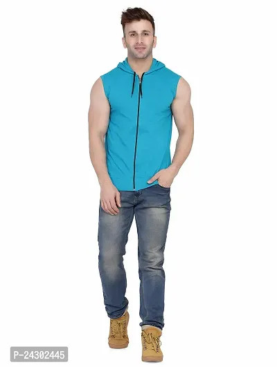 Stylish Turquoise Cotton Blend Solid Sleeveless Hoodies For Men-thumb5