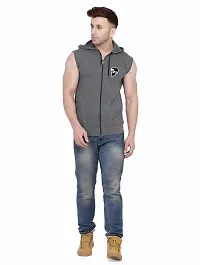 Stylish Grey Cotton Blend Solid Sleeveless Hoodies For Men-thumb3