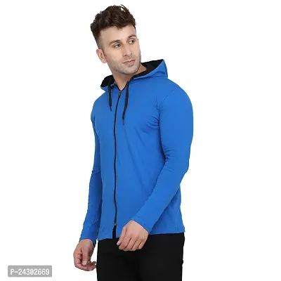 Stylish Blue Cotton Blend Solid Long Sleeves Hoodies For Men-thumb3