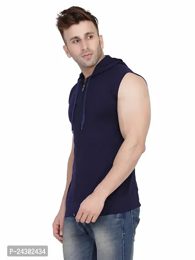 Stylish Navy Blue Cotton Blend Solid Sleeveless Hoodies For Men