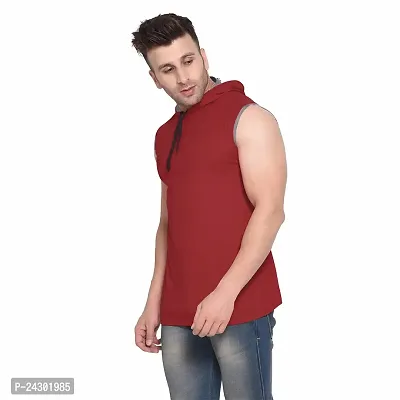 Stylish Maroon Cotton Blend Solid Sleeveless Hoodies For Men-thumb3